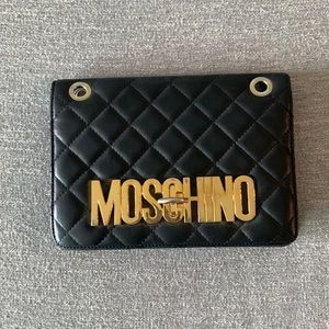 Moschino Black Quilted Leather Logo Flap Shoulder Bag. No chain.